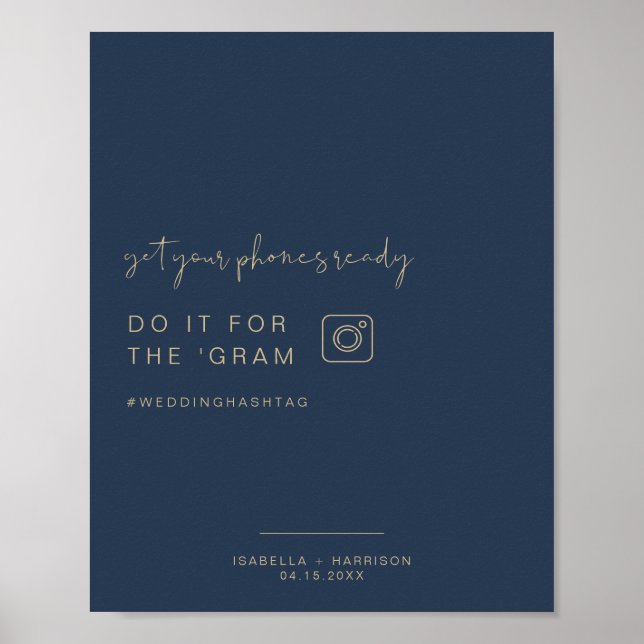 CAITLIN Navy & Gold Instagram Hashtag Wedding Sign (Front)