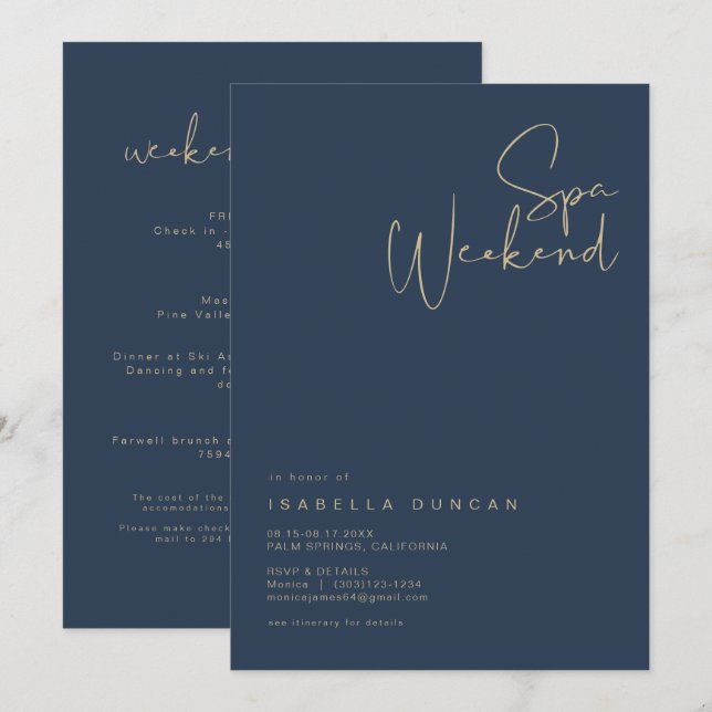 CAITLIN Navy & Gold Spa Day Bachelorette  Invitation (Front/Back)