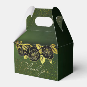 Caja de regalo verde con flores doradas favour box