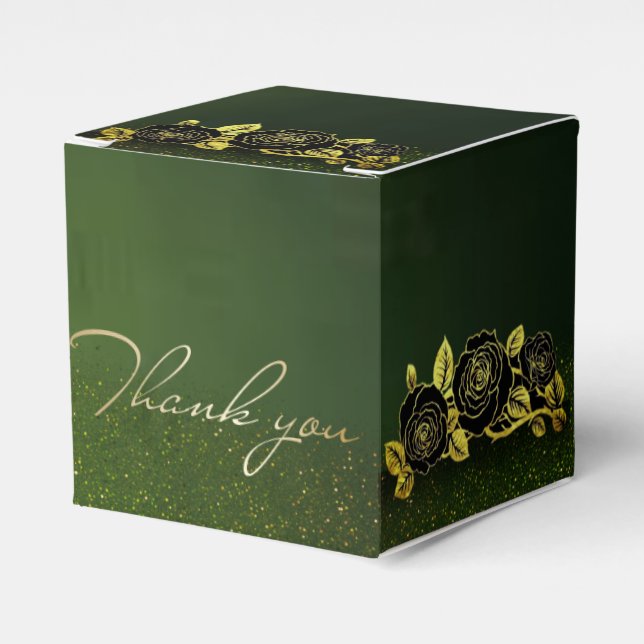 Caja de regalo verde con flores doradas favour box (Front Side)