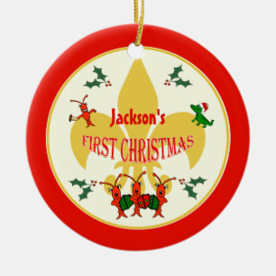 Cajun Baby First Christmas Red Border Ceramic Tree Decoration