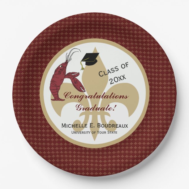 Cajun Crawfish Graduation in Maroon and Gold Paper Plate (Front)