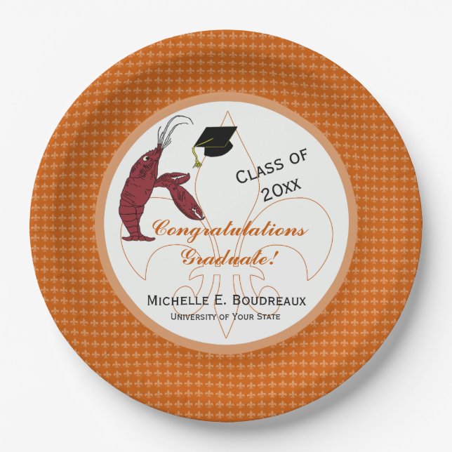 Cajun Crawfish Graduation in Orange and White Paper Plate (Front)