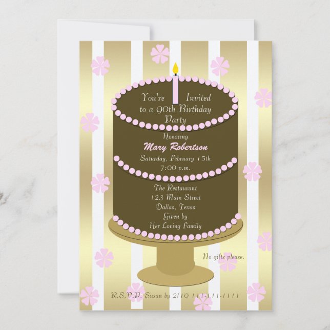 Cake 90th Birthday Party Invitation 90th in Pink (Front)