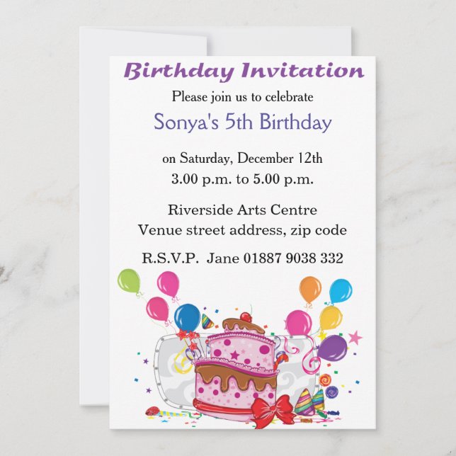 Cake and Balloons Birthday Invitation (Front)