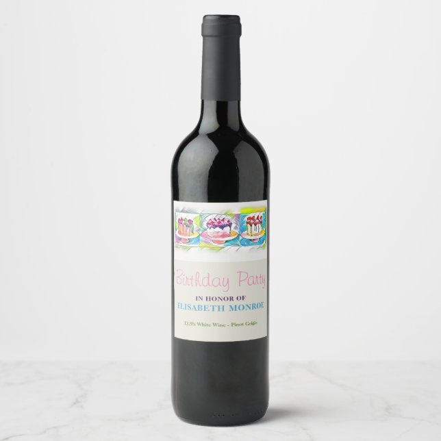 Cake Art Birthday Party Wine Label (Front)