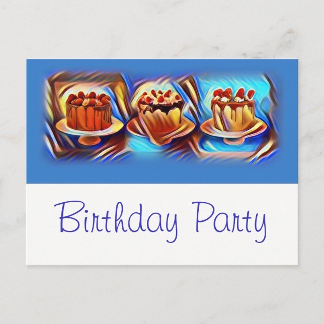 Cake Art Blue Birthday Party Invitation Postcard (Front)