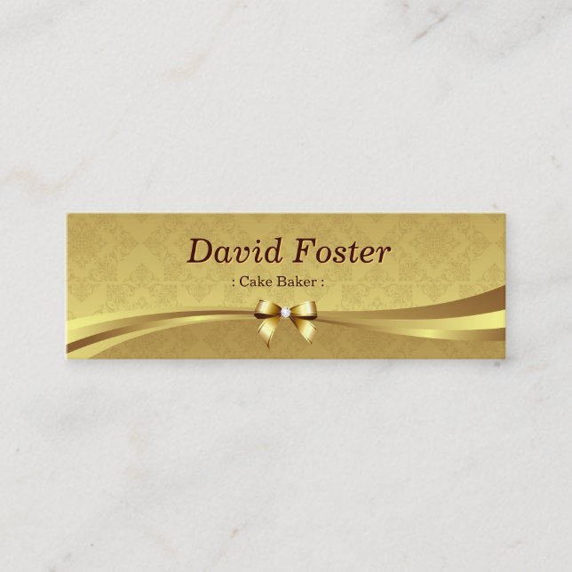 Cake Baker - Shiny Gold Damask Mini Business Card (Front)