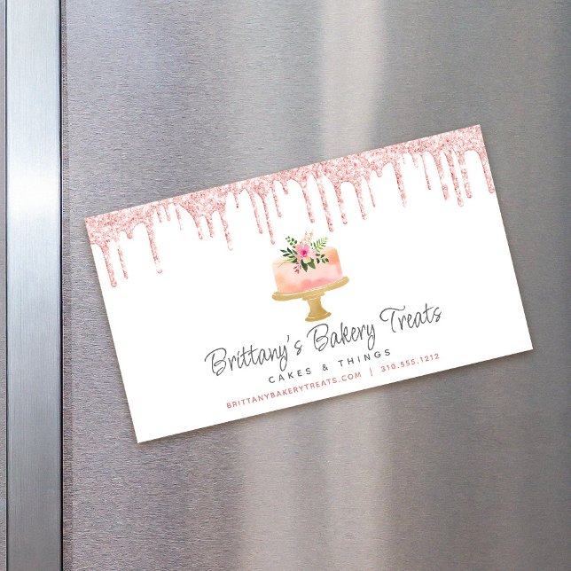 Cake Bakery Blush Pink Glitter Drips Pastry Chef Magnetic Business Card (Creator Uploaded)