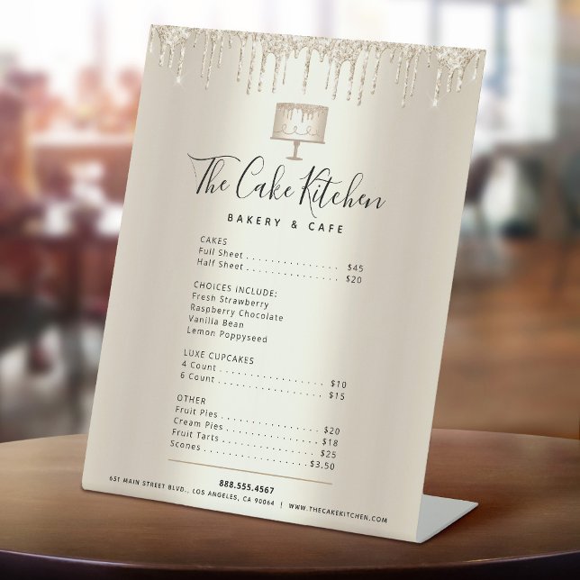 Cake Bakery Chef Gold Glitter Drip Menu Price List Pedestal Sign (Creator Uploaded)