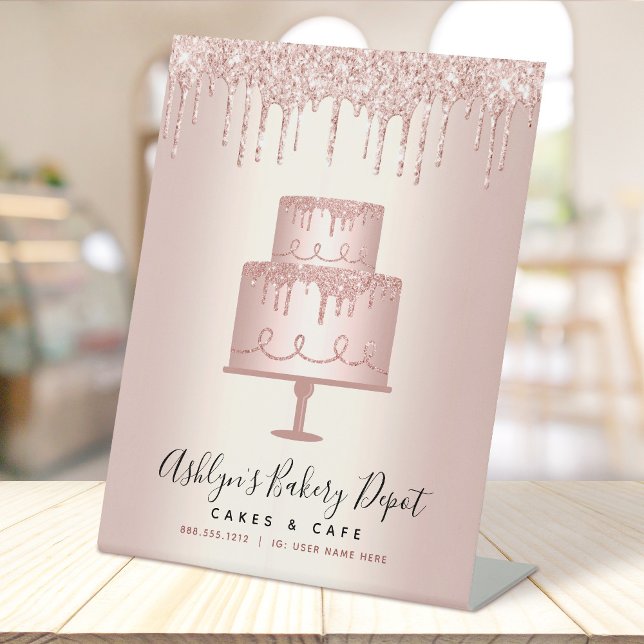 Cake Bakery Chef Rose Gold Glitter Drips Script  Pedestal Sign (Creator Uploaded)