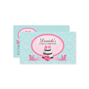 Cake Bakery Damask Aqua Pink Business Card