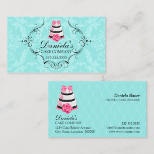 Cake Bakery Damask Aqua Pink Business Card