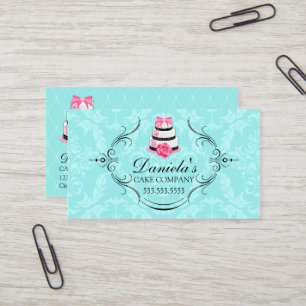 Cake Bakery Damask Aqua Pink Business Card