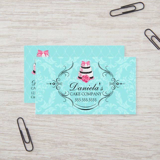 Cake Bakery Damask Aqua Pink Business Card (Front/Back In Situ)