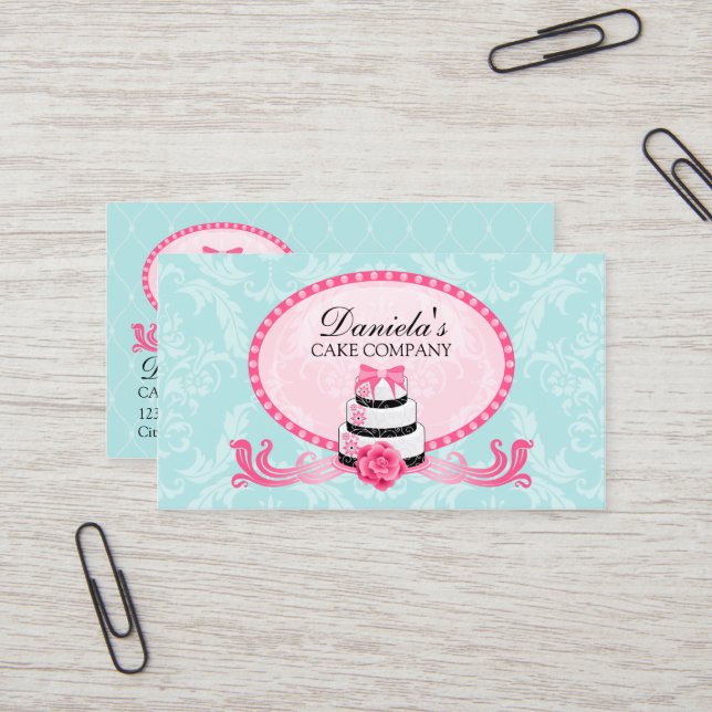 Cake Bakery Damask Aqua Pink Business Card (Front/Back In Situ)