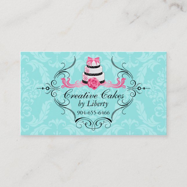 Cake Bakery Damask Aqua Pink Business Cards (Front)