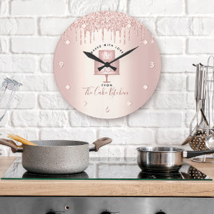 Cake Bakery Pastry Chef Rose Gold Glitter Drips Large Clock