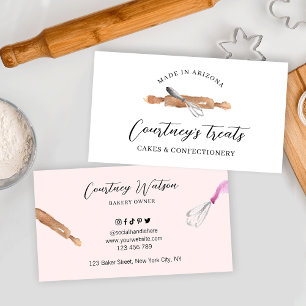 Cake Bakery Pastry Chef Watercolor Whisk Pink Business Card