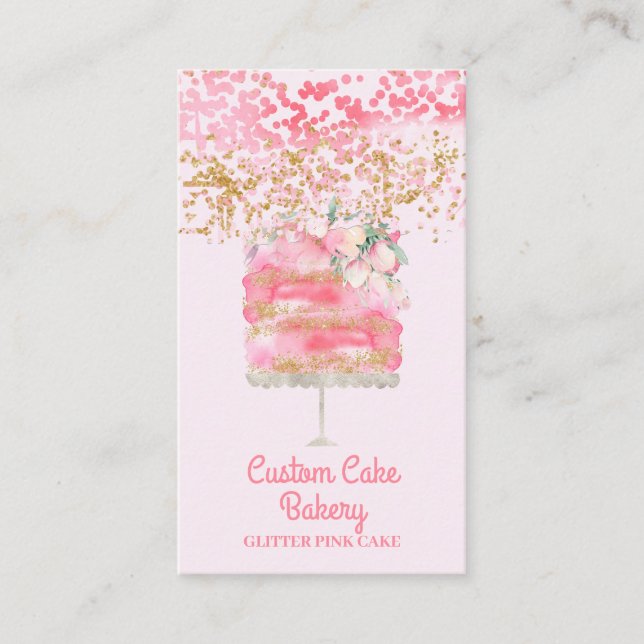 Cake Bakery Pastry Glitter Pink Elegant Business Card (Front)