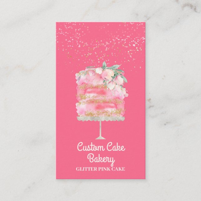 Cake Bakery Pastry Patisserie Pink Sparkle Elegant Business Card (Front)