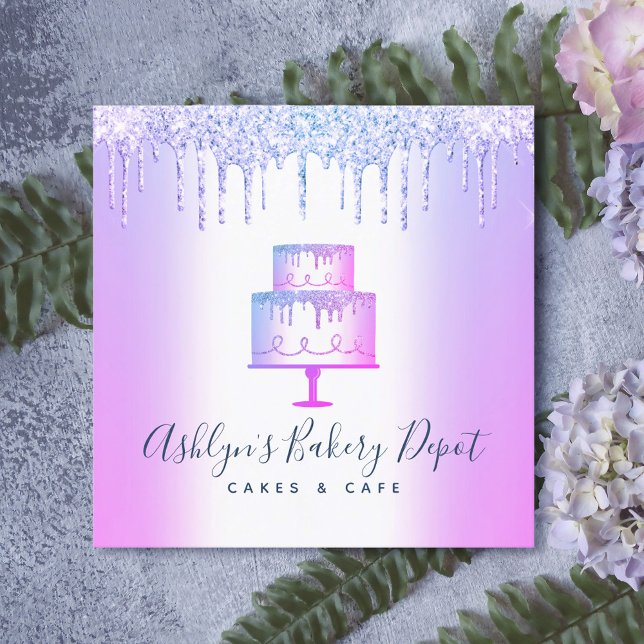 Cake Bakery Purple Glitter Drip Pastry Chef Luxury Square Business Card (Creator Uploaded)