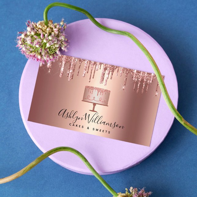 Cake Bakery Rose Gold Copper Glitter Drips Pastry Business Card (Creator Uploaded)