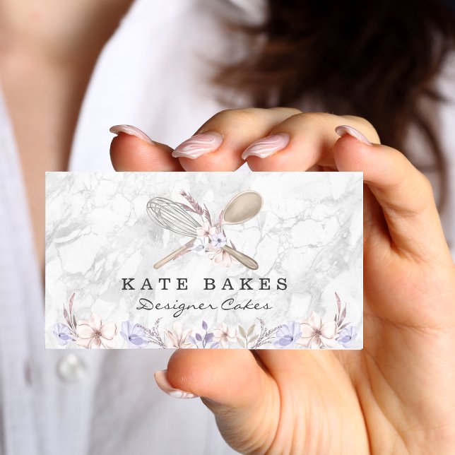 Cake Baking Marble Floral Watercolor Business Card (cake baker)