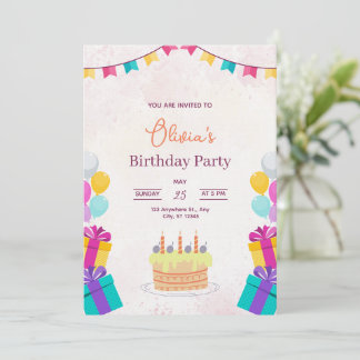 Cake & Balloons Birthday Invitation, Kids Birthday Invitation