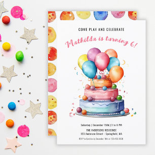 Cake Balloons Rainbow Girls Birthday Party Invitation