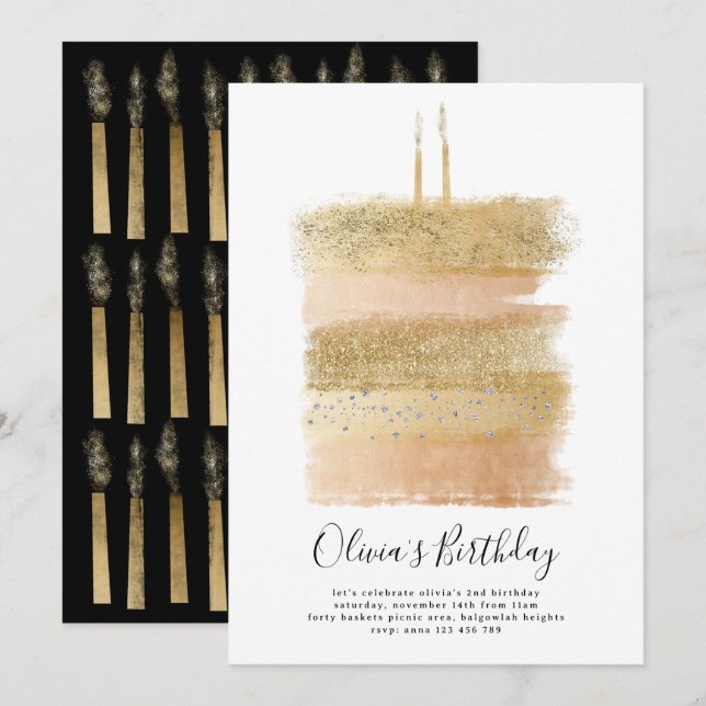 Cake Birthday Invite, Girls Second Birthday Gold Invitation (Front/Back)