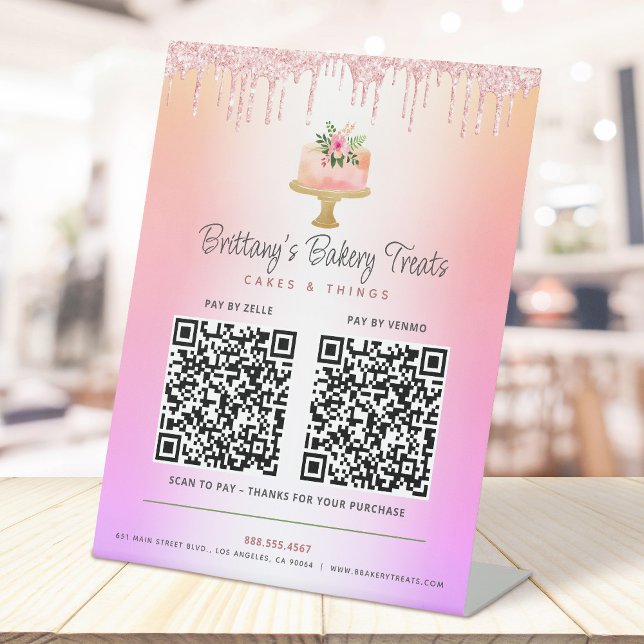 Cake Blush Pink 2 QR Code Pay Here Glitter Ombre Pedestal Sign (Creator Uploaded)
