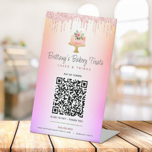 Cake Blush Pink QR Code Pay Here Glitter Ombre Pedestal Sign