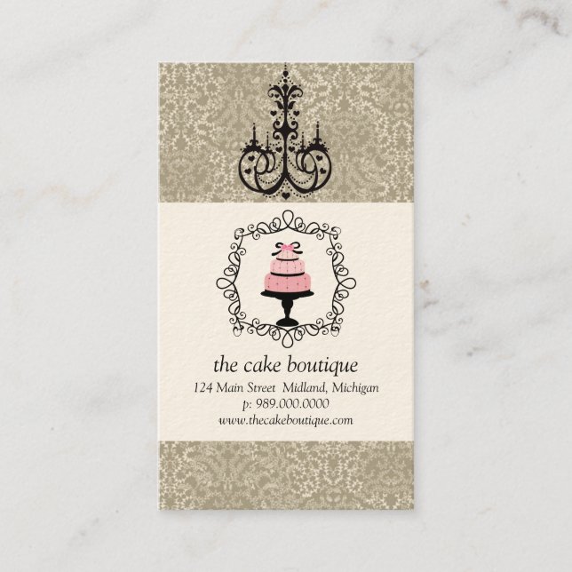 Cake Boutique Fancy Taupe Damask Business Cards (Front)