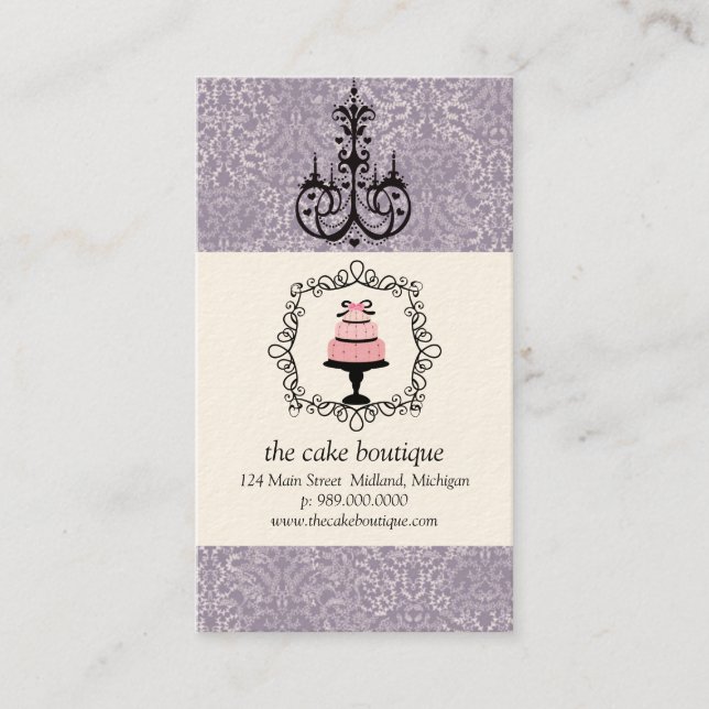 Cake Boutique Fancy Violet Damask Business Cards (Front)