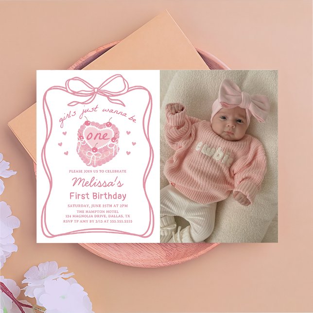 Cake Bow Girls Just Wanna Be One Birthday Photo Invitation (Creator Uploaded)