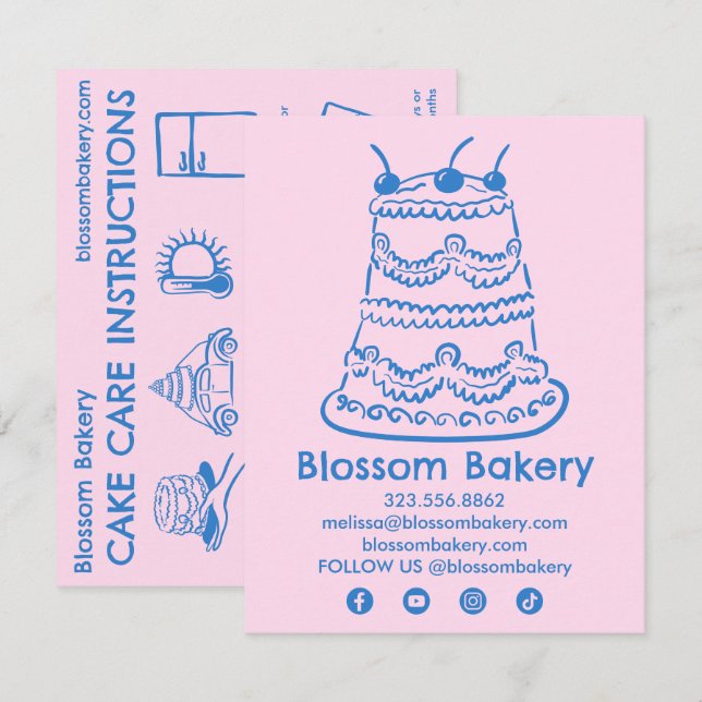 Cake Care Card Instructions Bakery Wedding Bday (Front/Back)