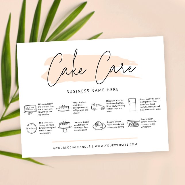 Cake Care Instructions Pastel Beige Watercolor Thank You Card (Light cream cake care cards with care icons, trendy fonts and pastel beige colors)