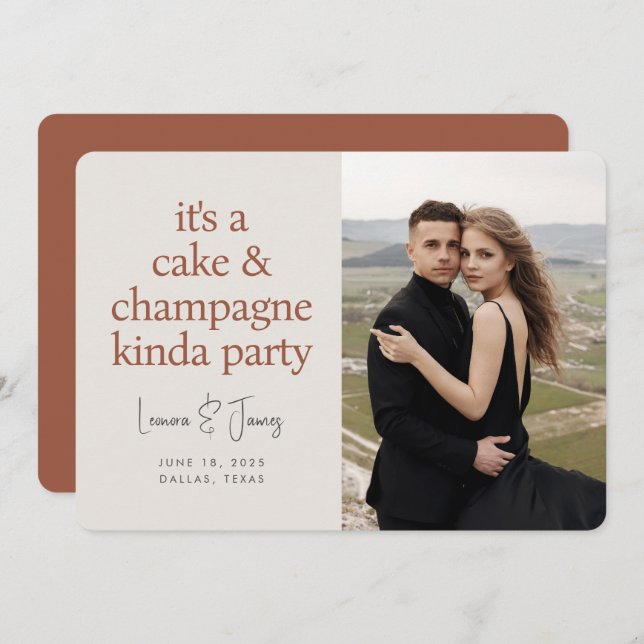 Cake Champagne Fun Typography Terracotta Wedding  Save The Date (Front/Back)