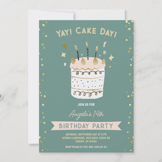 Cake Day Cheerful Birthday Young Teenage Pink Gold Invitation (Front)