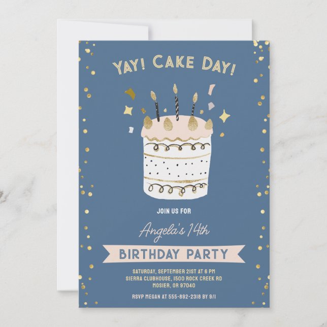 Cake Day Cheerful Birthday Young Teenage Pink Gold Invitation (Front)