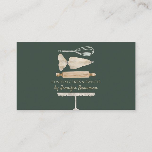 Cake Decoration Bakery Utensils sage green gold Business Card (Front)