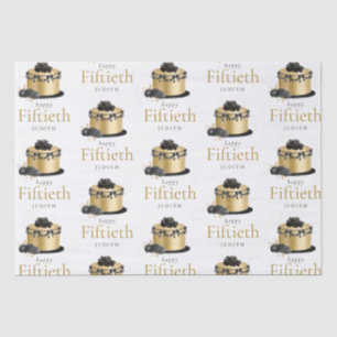 Cake Floral Gold Black 50th Name Happy Birthday  Tissue Paper