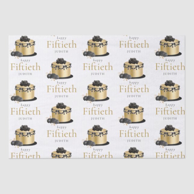 Cake Floral Gold Black 50th Name Happy Birthday  Tissue Paper (Front)