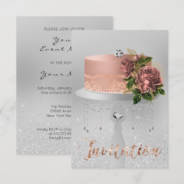 Cake Flower Rose Gold Crystals Silver Gray Glitter Invitation (Front/Back)