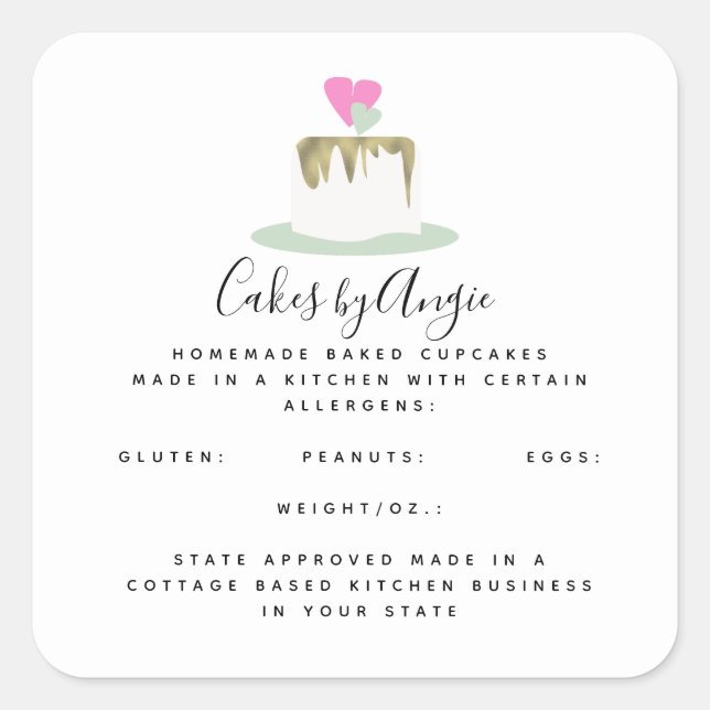Cake Hearts Logo Homemade Food Business    Square Sticker (Front)