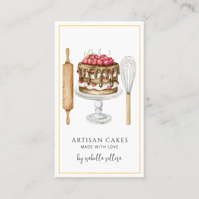 Cake Maker Watercolor Baking Utensils Cake Business Card (Front)