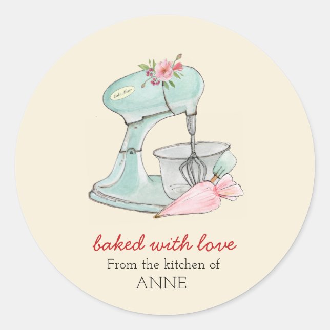 Cake mixer "Baked with love" peach Classic Round Sticker (Front)