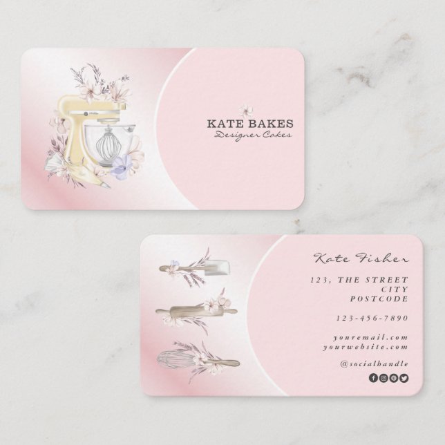 Cake Mixer Bakery Floral Blush Pink Business Card (Front/Back)