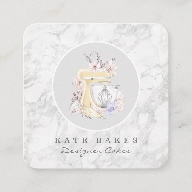 Cake Mixer Bakery Floral Marble Grey Business Card (Front)